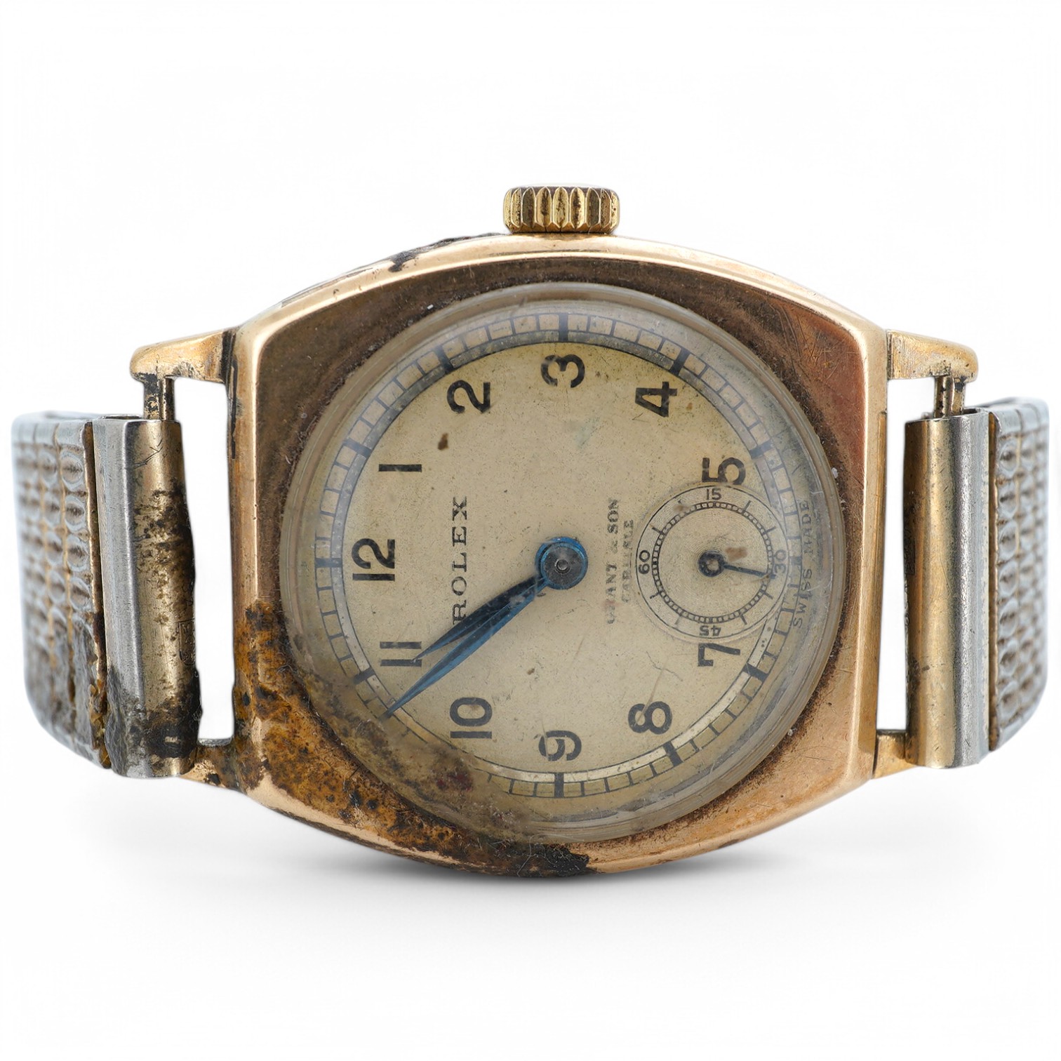 A 1930's 9ct gold Rolex manual wind wrist watch, with Arabic dial and subsidiary seconds, retailed by Grant & Son, Carlisle, on an associated gold plated flexible strap, case diameter 28mm (hand loose in dial). Condition